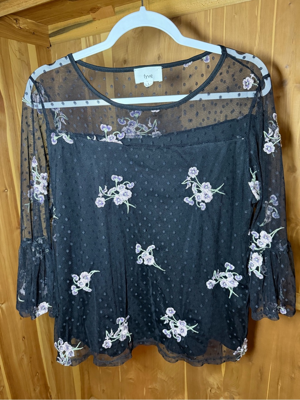 Fyve Black Embroidered Mesh Floral Top Womens L Boho Date Night Sheer